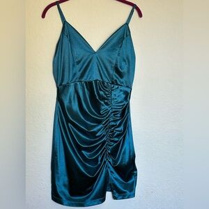 Teal Polyester Ruched Mini Dress